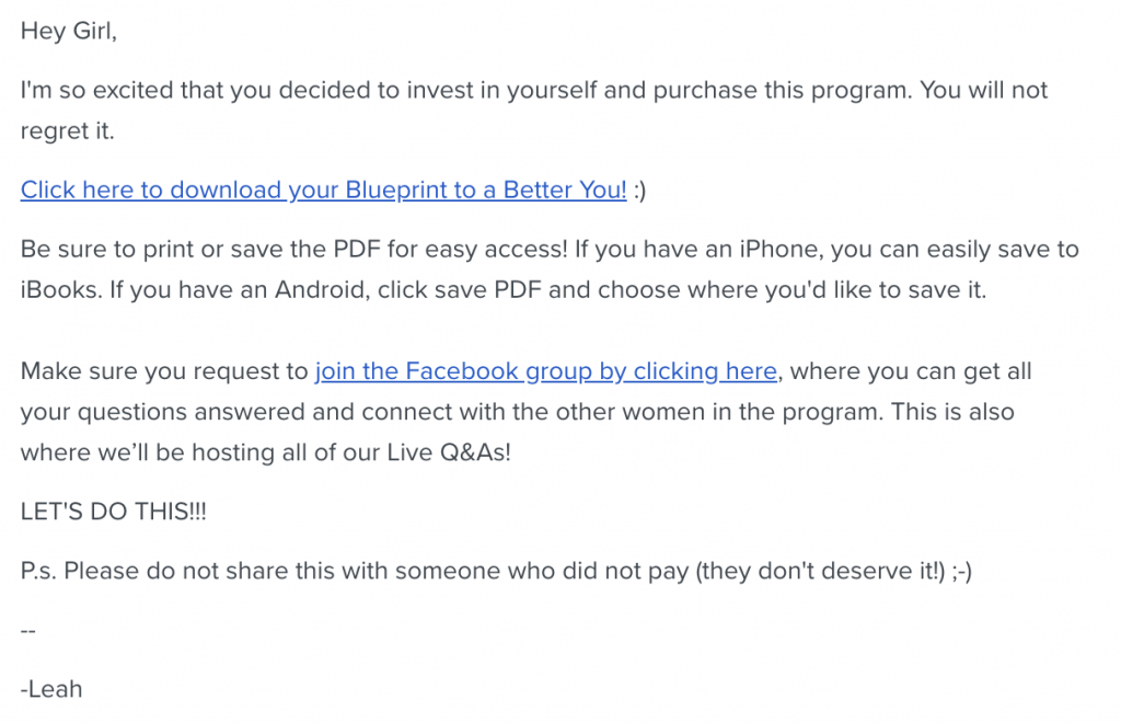 Digital Product Download Automated Email Example