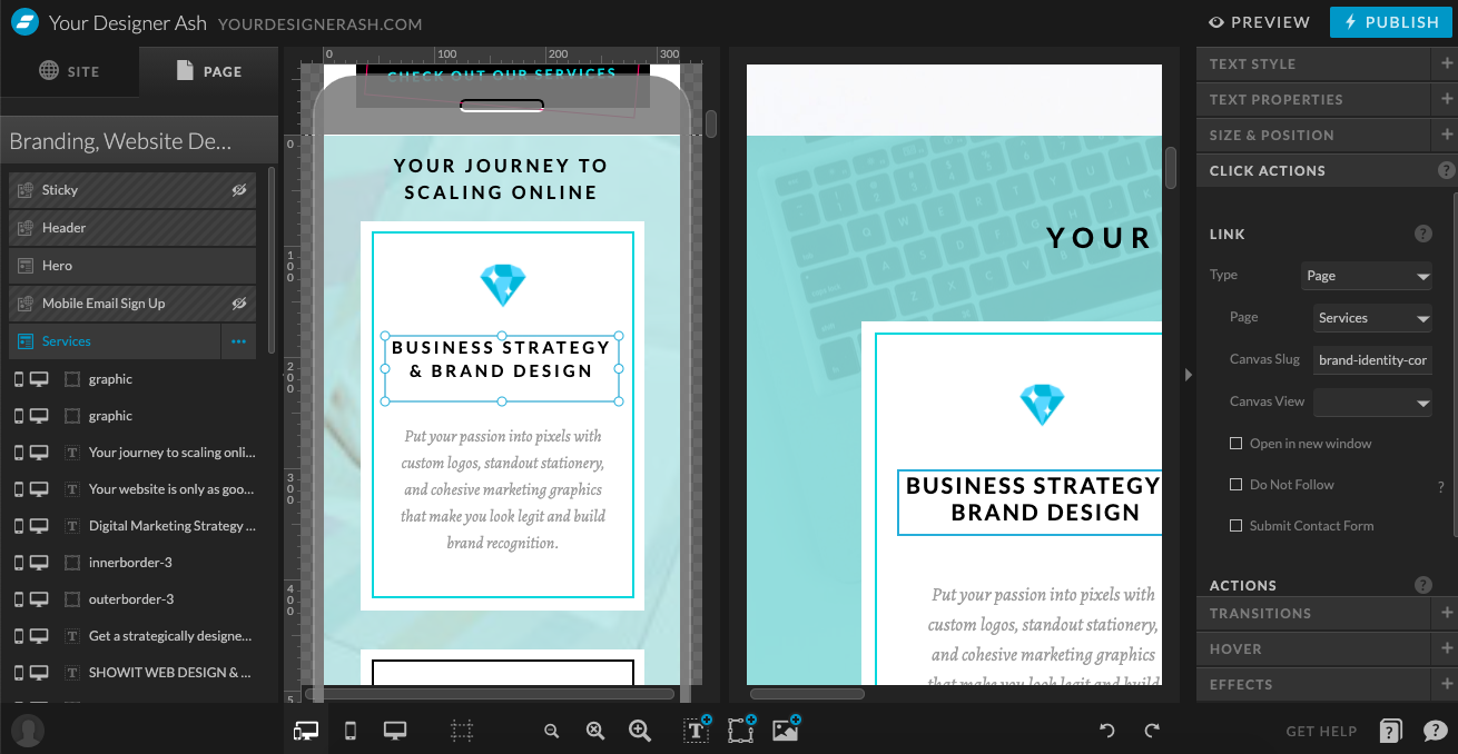 An example of how to customize designs in Showit