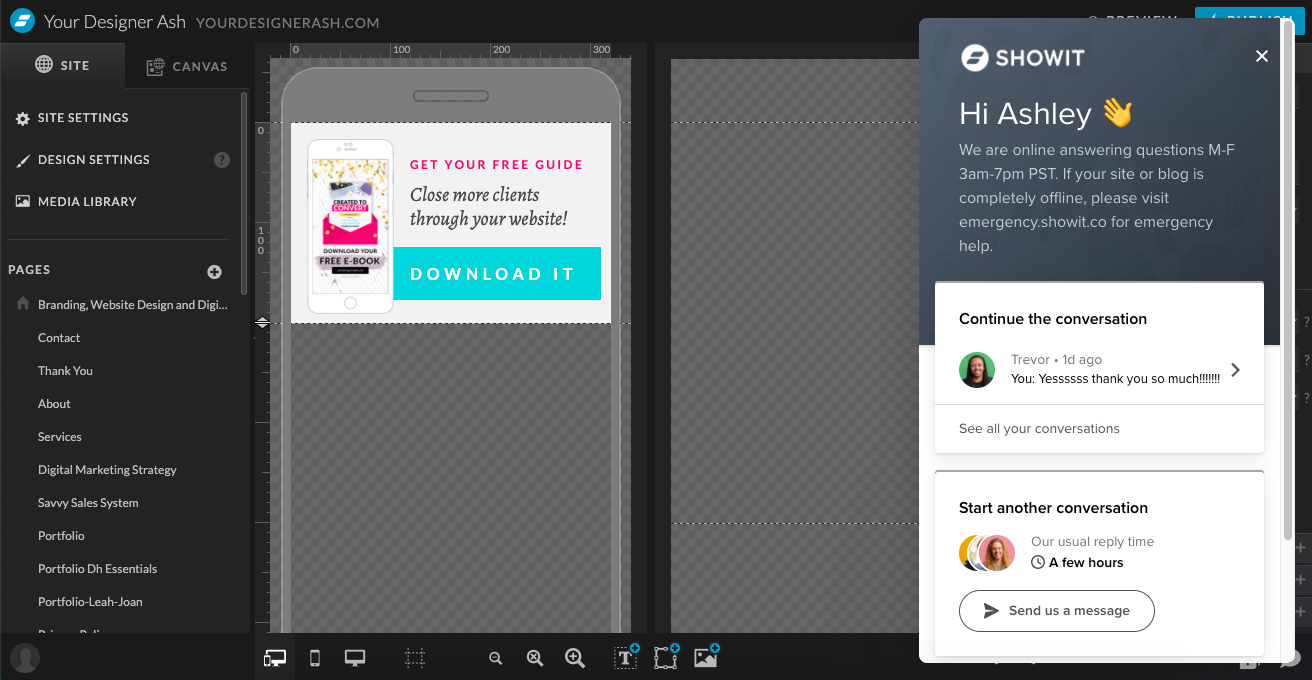 Showit live chat support