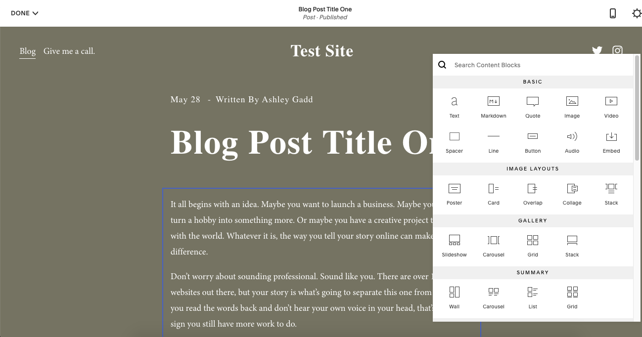 Adding content to Squarespace blog post
