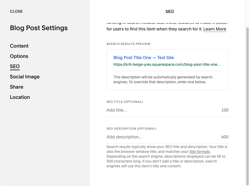Blog post SEO in Squarespace