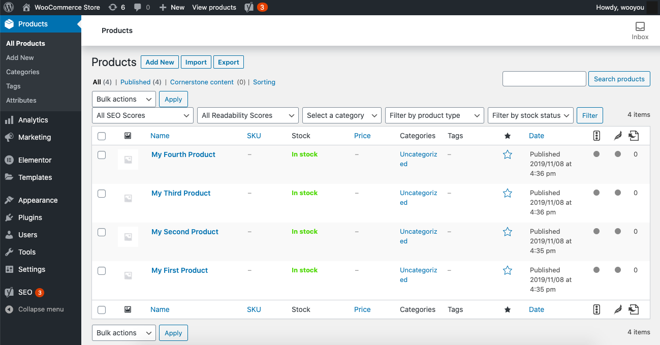 Example product inventory in WooCommerce and WordPress