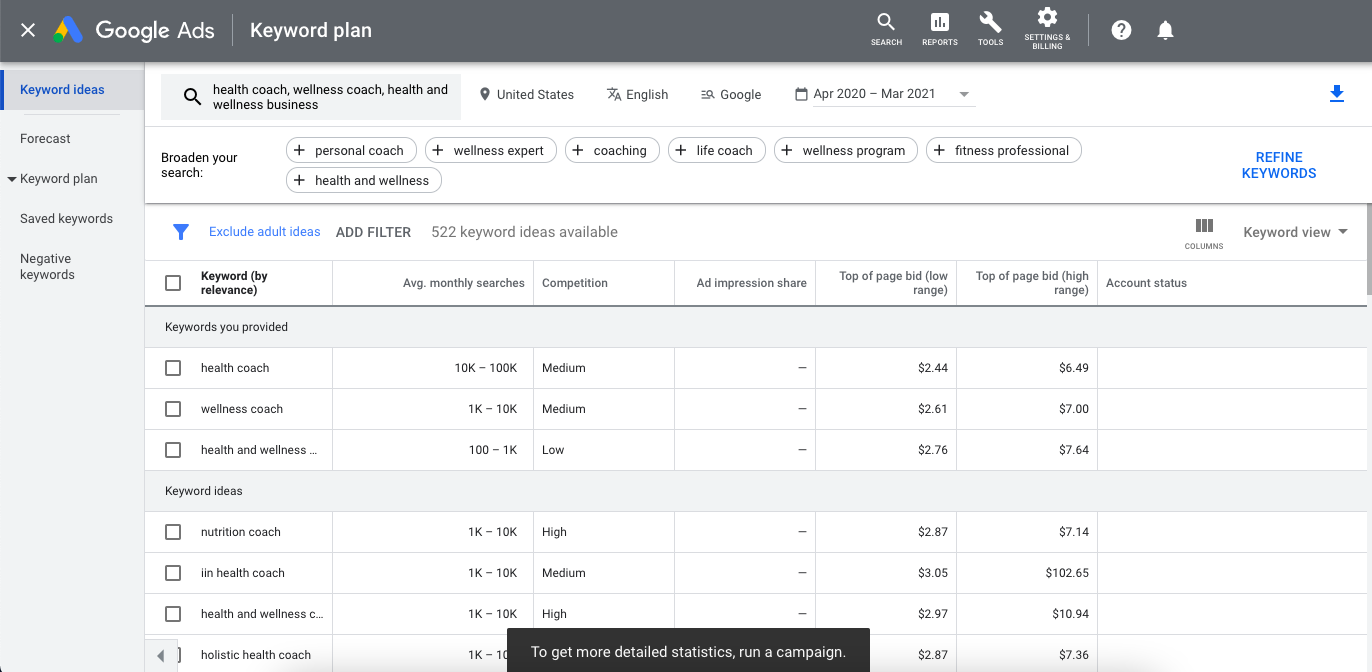 A search for "health coach" and "wellness coach" in Google Keyword Planner