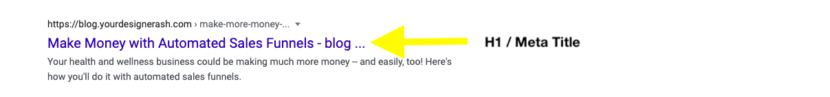 An example in Google search of an H1 tag or meta title