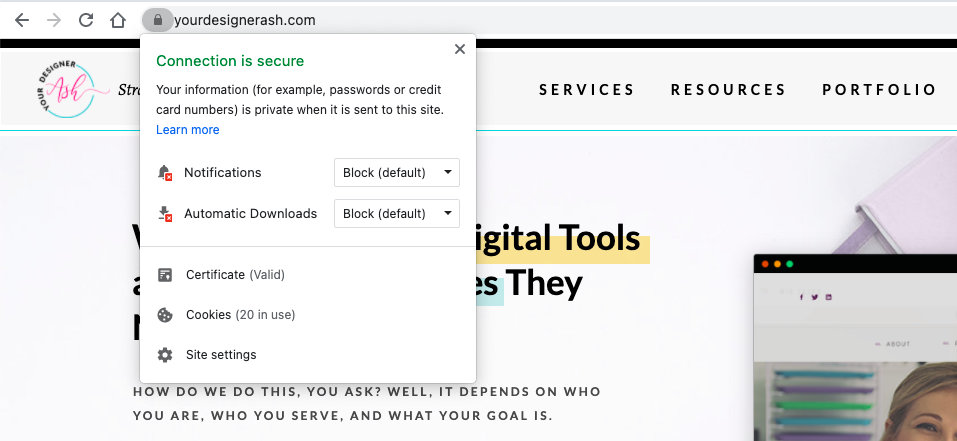 The SSL certificate for the https://yourdesignerash.com website - the first step in this beginner's guide to SEO