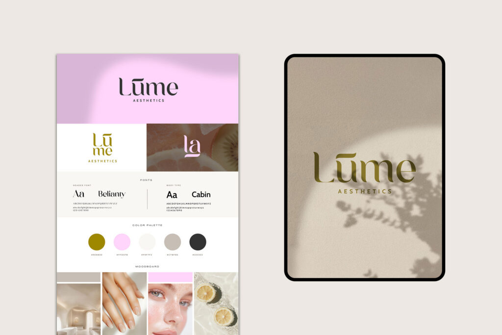 Brand identity mockup showing logo variations, colour palette and typography for Lume Aesthetics