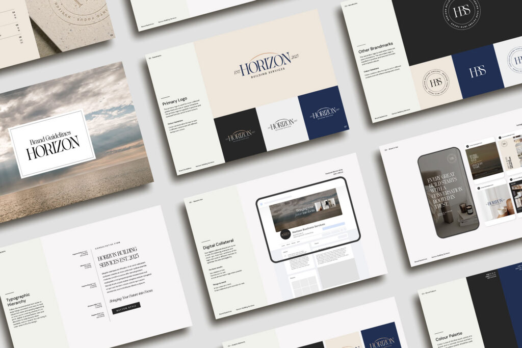 Complete brand guidelines and digital collateral mockup for Horizon Building Services showing logo suite, typography and social media assets