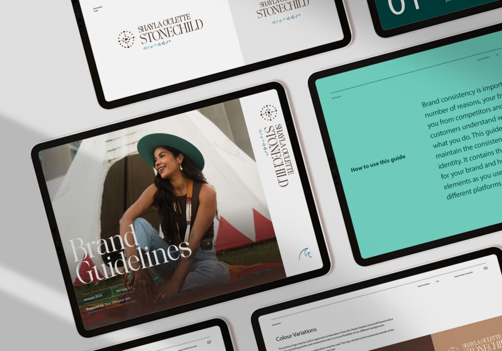 Brand guidelines document displayed across tablet mockups for Shayla Oulette Stonechild, Indigenous wellness advocate and founder of Matriarch Movement