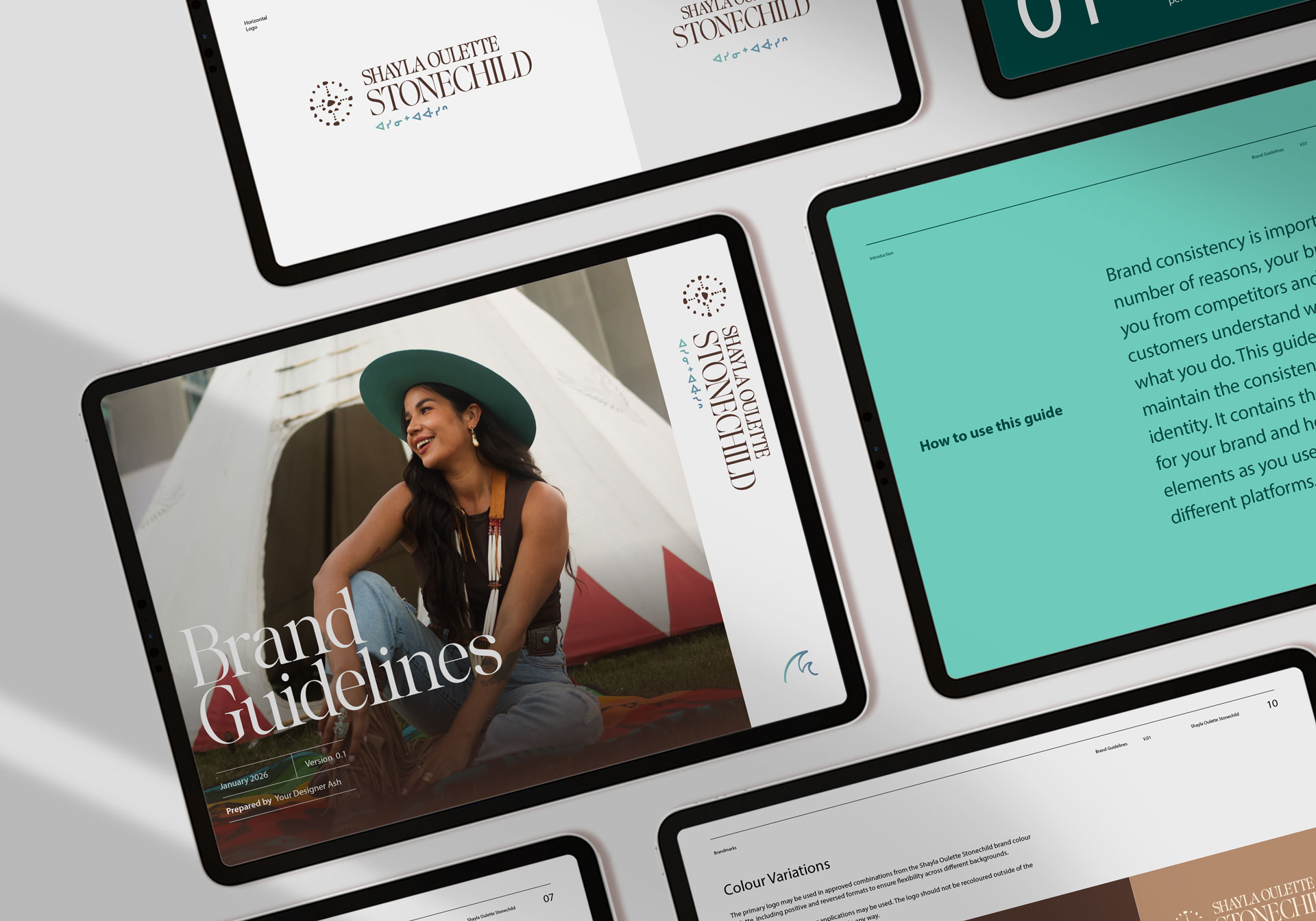 Brand identity strategy showcase featuring brand guidelines for Shayla Oulette Stonechild displayed across tablet mockups