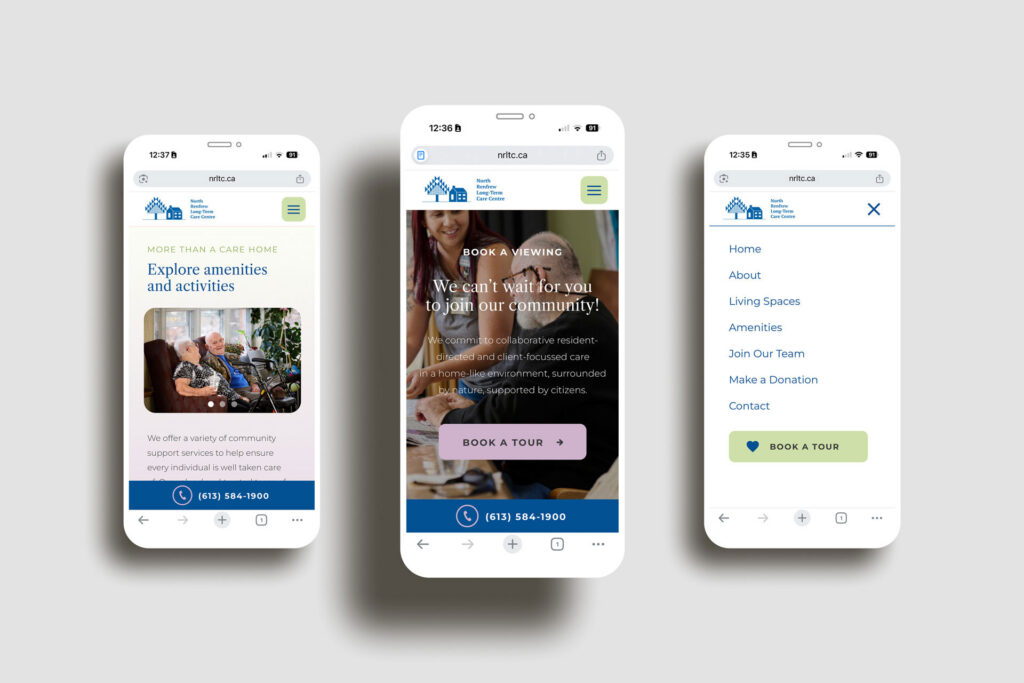 Mobile website mockup for North Renfrew Long-Term Care Centre showing consistent brand identity across responsive digital touchpoints